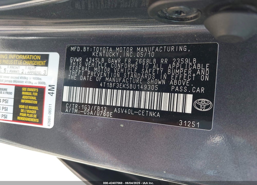 2011 TOYOTA CAMRY VIN: 4T1BF3EK5BU149305