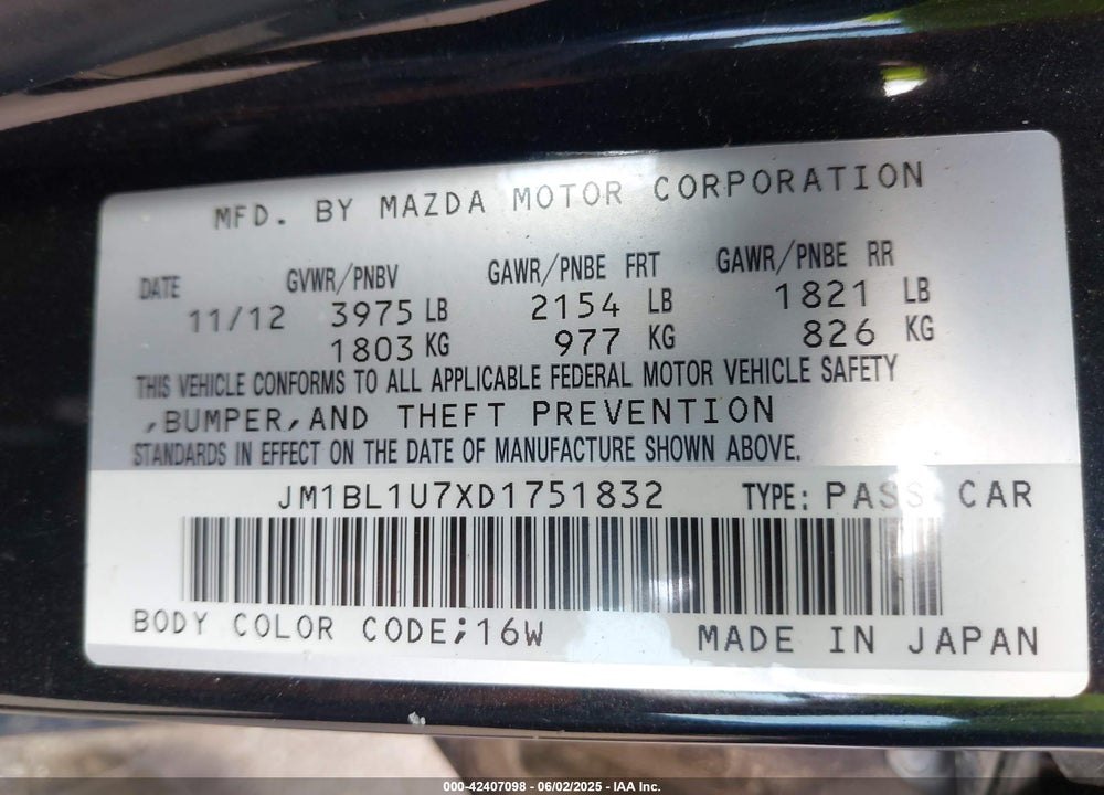 2013 MAZDA 3 VIN: JM1BL1U7XD1751832