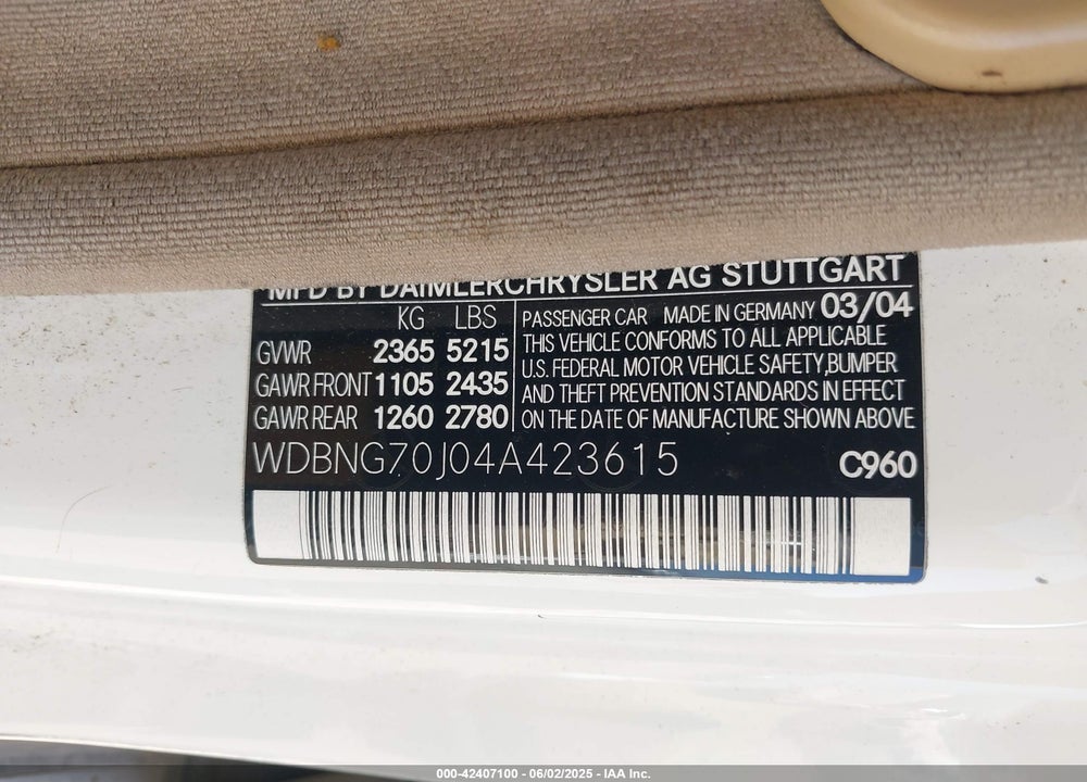 2004 MERCEDES-BENZ S 430 VIN: WDBNG70J04A423615