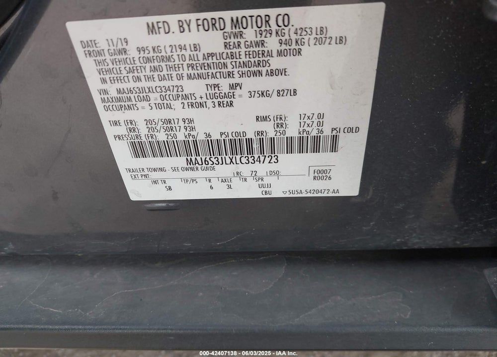 2020 FORD ECOSPORT VIN: MAJ6S3JLXLC334723