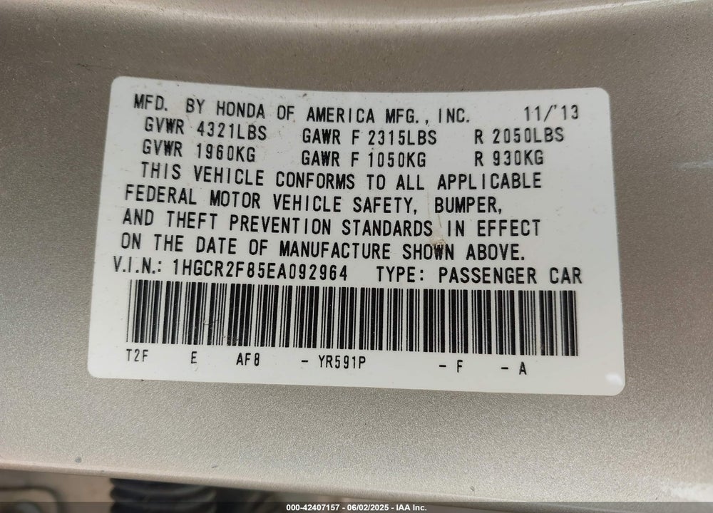 2014 HONDA ACCORD VIN: 1HGCR2F85EA092964