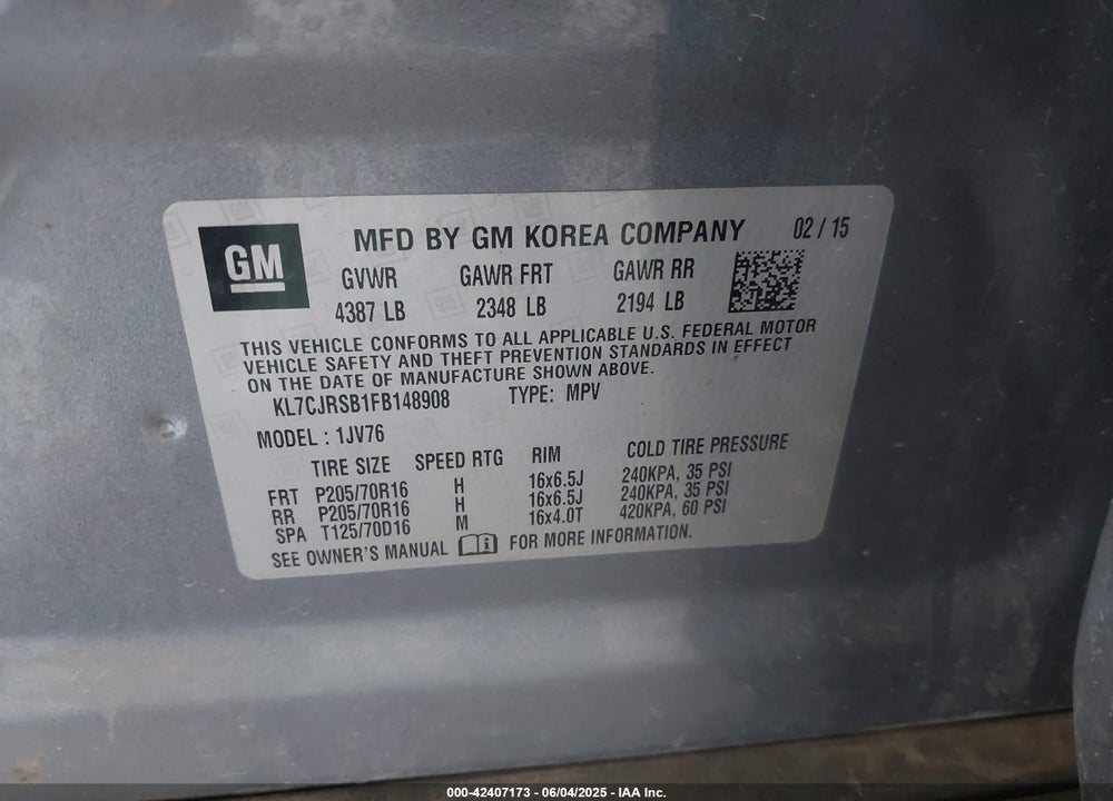 2015 CHEVROLET TRAX VIN: KL7CJRSB1FB148908