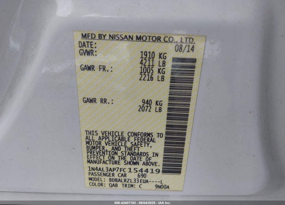 2015 NISSAN ALTIMA VIN: 1N4AL3AP7FC154419