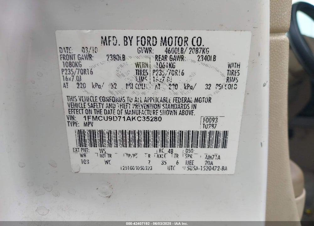 2010 FORD ESCAPE XLT VIN: 1FMCU9D71AKC35280