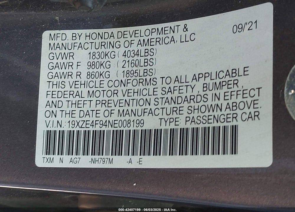 2022 HONDA INSIGHT VIN: 19XZE4F94NE008199