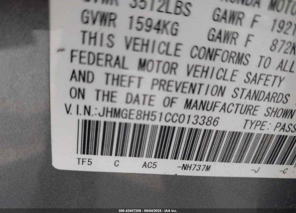 2012 HONDA FIT VIN: JHMGE8H51CC013386