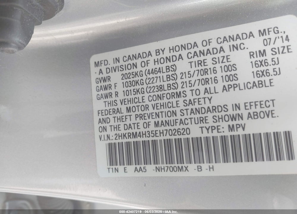 2014 HONDA CR-V VIN: 2HKRM4H35EH702620