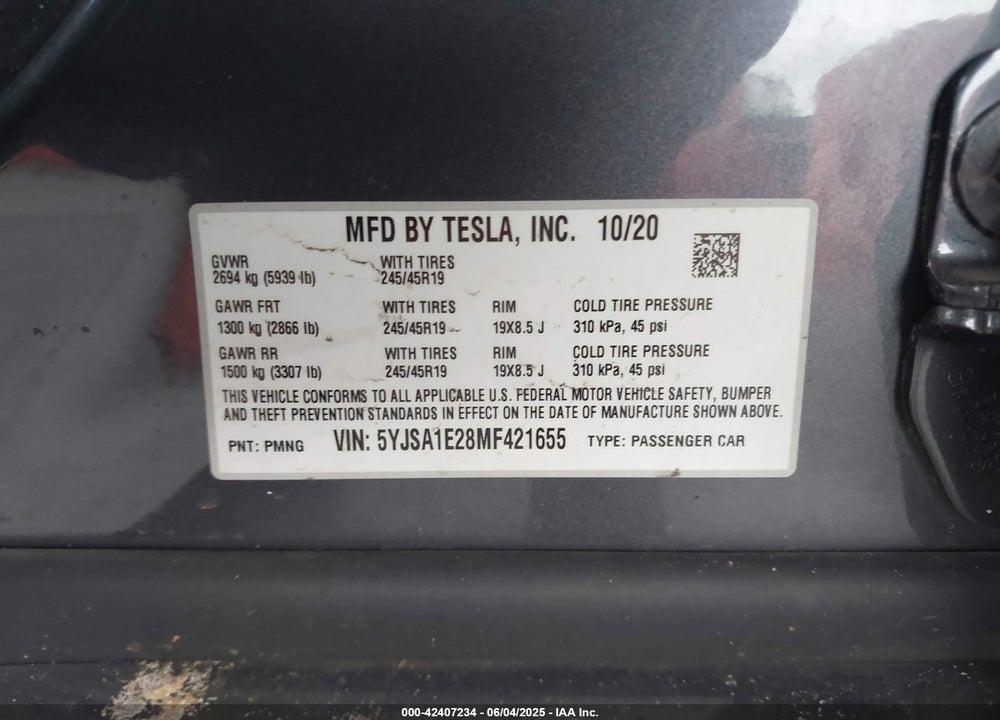 2021 TESLA MODEL S LONG RANGE DUAL MOTOR ALL-WHEEL DRIVE/LONG RANGE PLUS DUAL MOTOR ALL-WHEEL DRIVE VIN: 5YJSA1E28MF421655