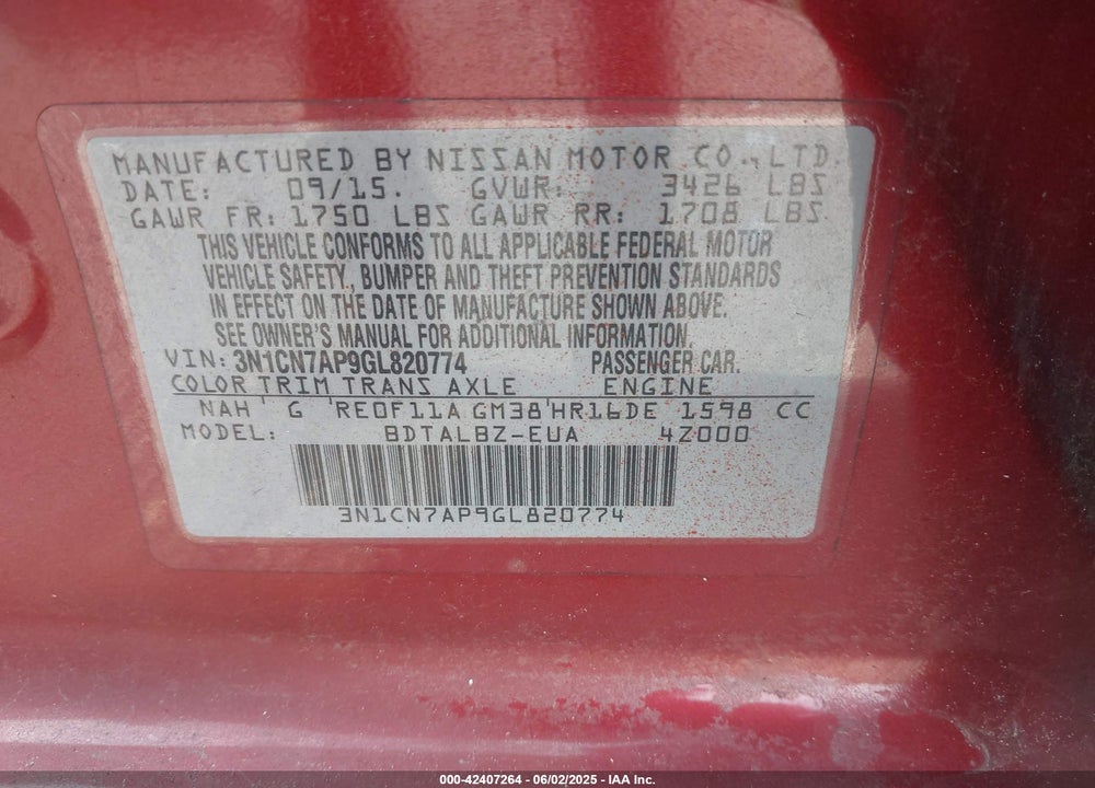2016 NISSAN VERSA VIN: 3N1CN7AP9GL820774