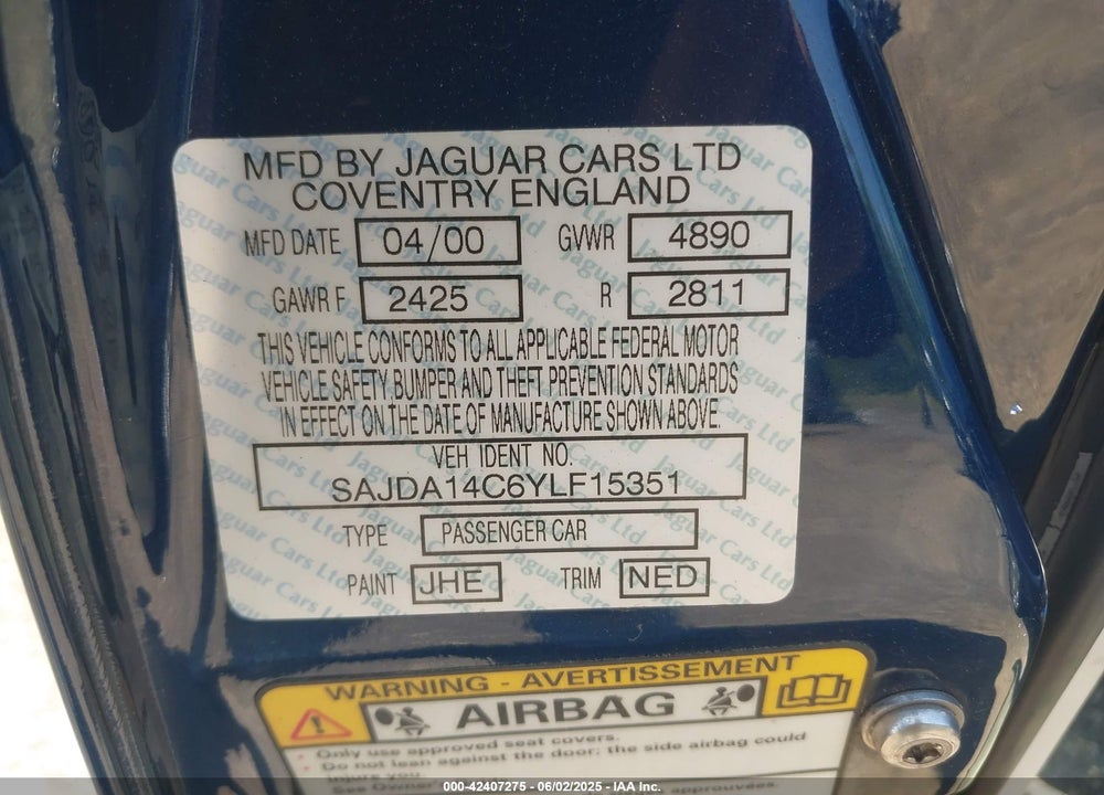 2000 JAGUAR XJ8 VIN: SAJDA14C6YLF15351