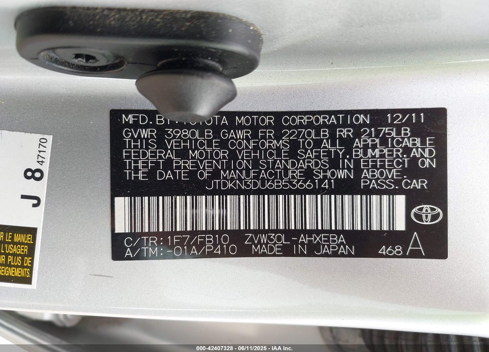 2011 TOYOTA PRIUS VIN: JTDKN3DU6B5366141