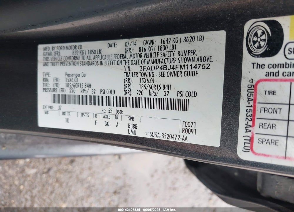2015 FORD FIESTA VIN: 3FADP4BJ4FM114752