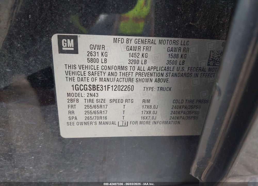 2015 CHEVROLET COLORADO VIN: 1GCGSBE31F1202260