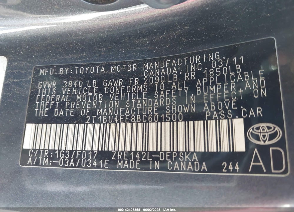2011 TOYOTA COROLLA S VIN: 2T1BU4EE8BC601500