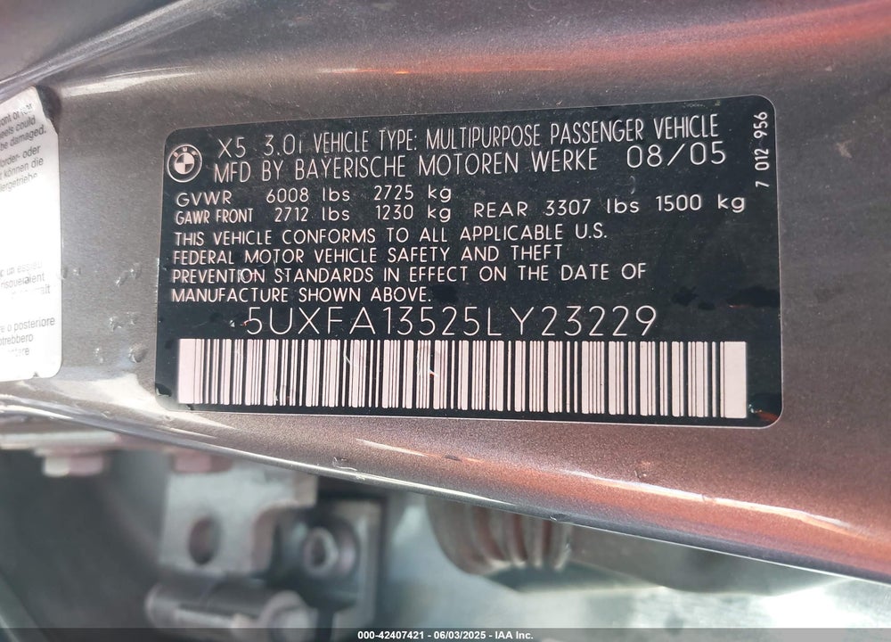 2005 BMW X5 3.0I VIN: 5UXFA13525LY23229