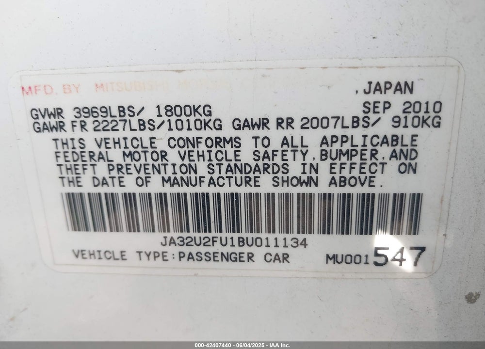 2011 MITSUBISHI LANCER VIN: JA32U2FU1BU011134