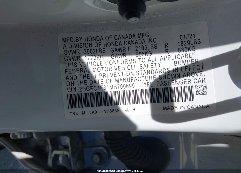 2021 HONDA CIVIC EX VIN: 2HGFC1F31MH700699