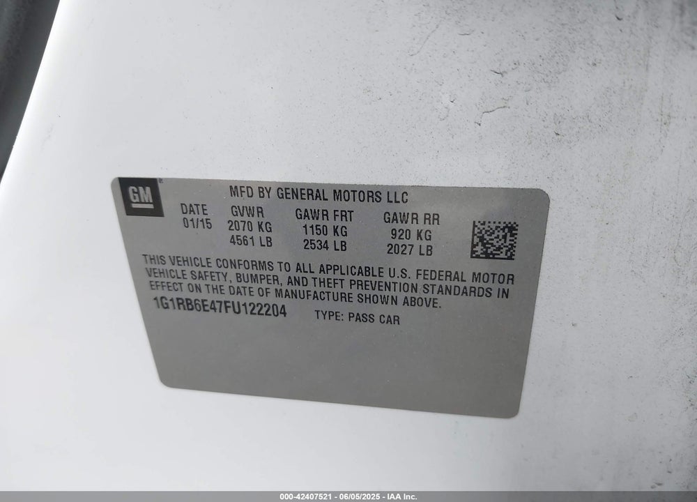 2015 CHEVROLET VOLT VIN: 1G1RB6E47FU122204