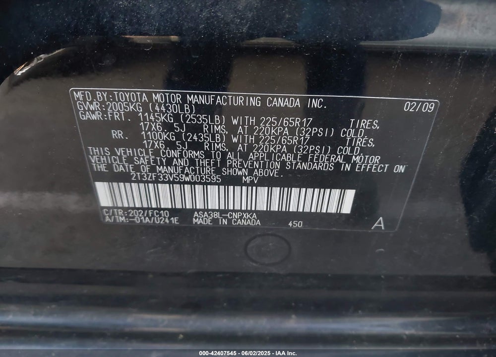 2009 TOYOTA RAV4 VIN: 2T3ZF33V59W003595