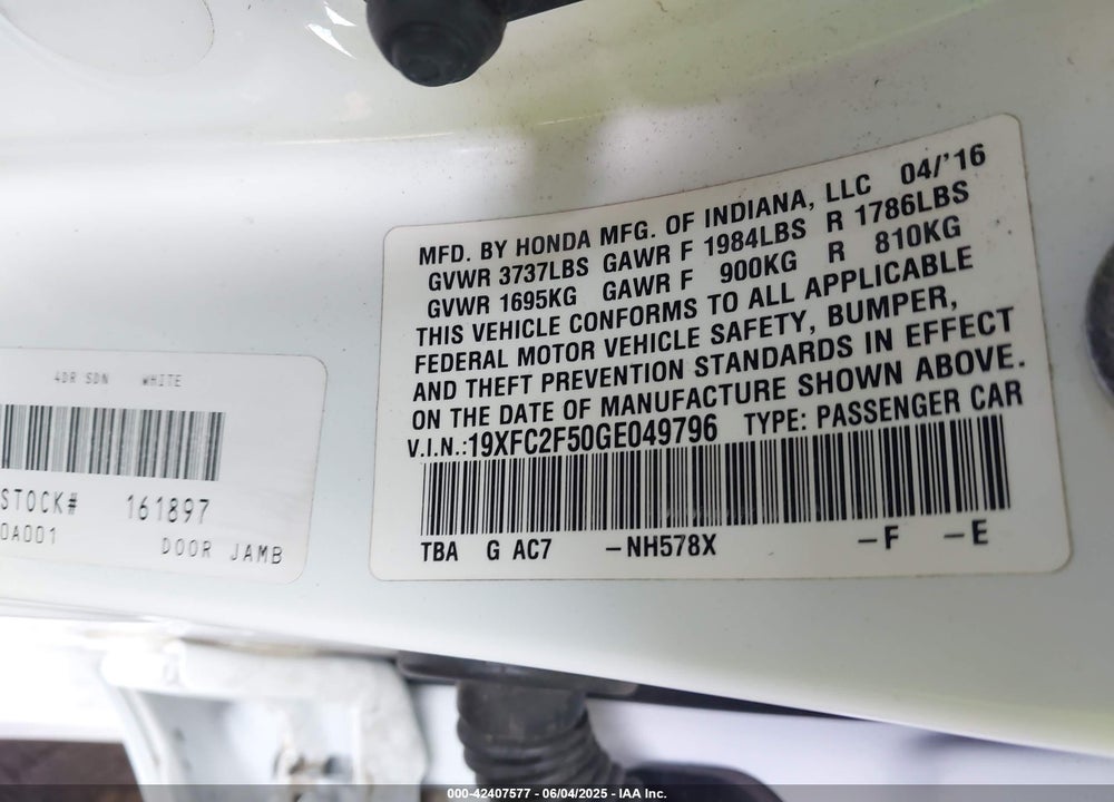2016 HONDA CIVIC VIN: 19XFC2F50GE049796