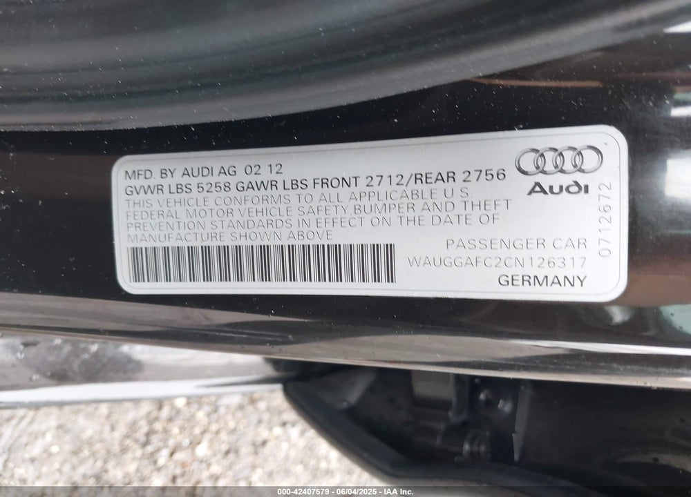 2012 AUDI A6 VIN: WAUGGAFC2CN126317
