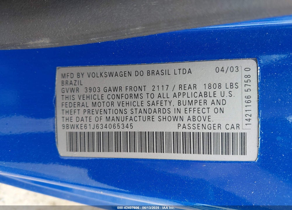 2003 VOLKSWAGEN GTI VIN: 9BWKE61J634065345