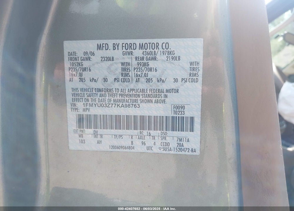 2007 FORD ESCAPE VIN: 1FMYU03Z77KA98763