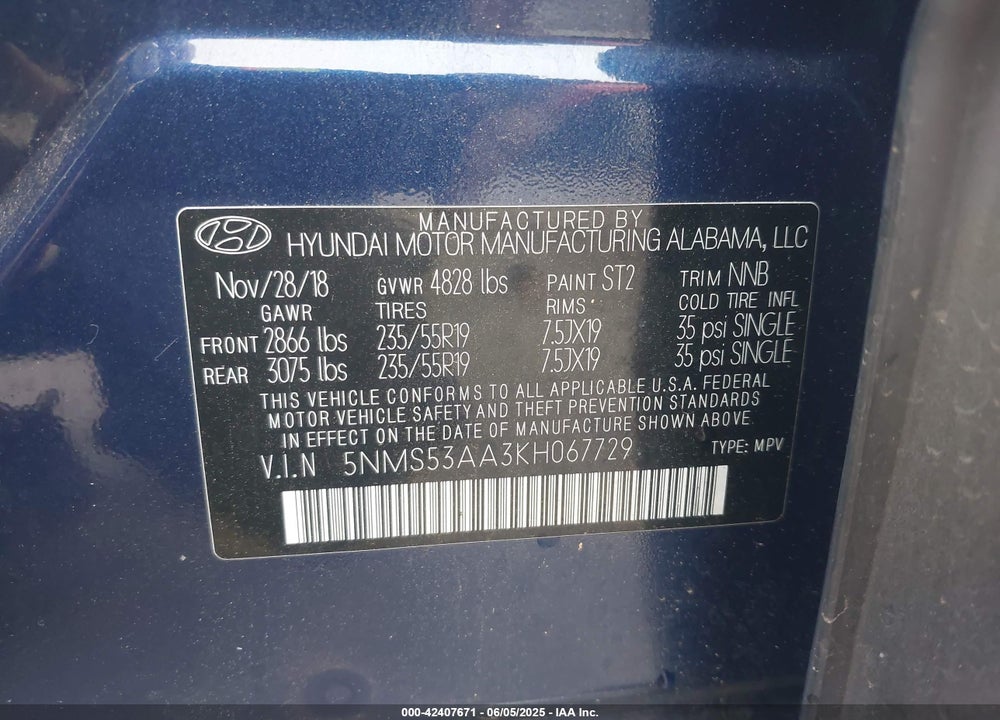 2019 HYUNDAI SANTA FE VIN: 5NMS53AA3KH067729