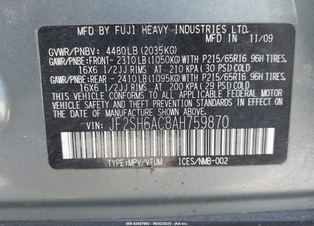 2010 SUBARU FORESTER VIN: JF2SH6AC8AH759870