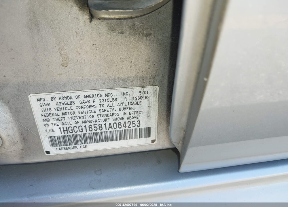 2001 HONDA ACCORD 3.0 EX VIN: 1HGCG16581A064253
