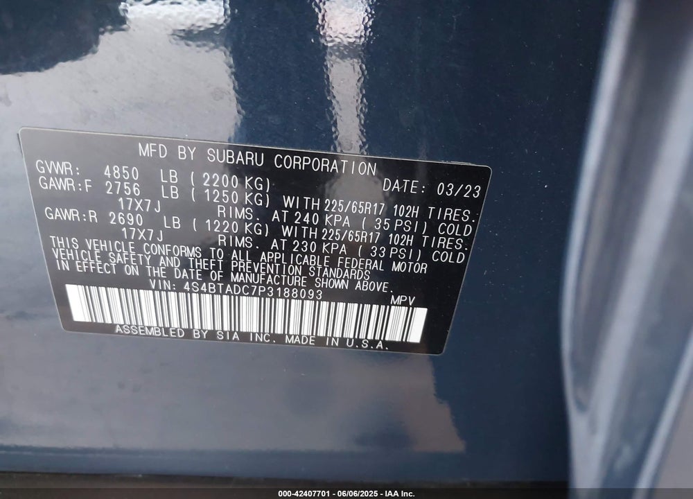 2023 SUBARU OUTBACK VIN: 4S4BTADC7P3188093