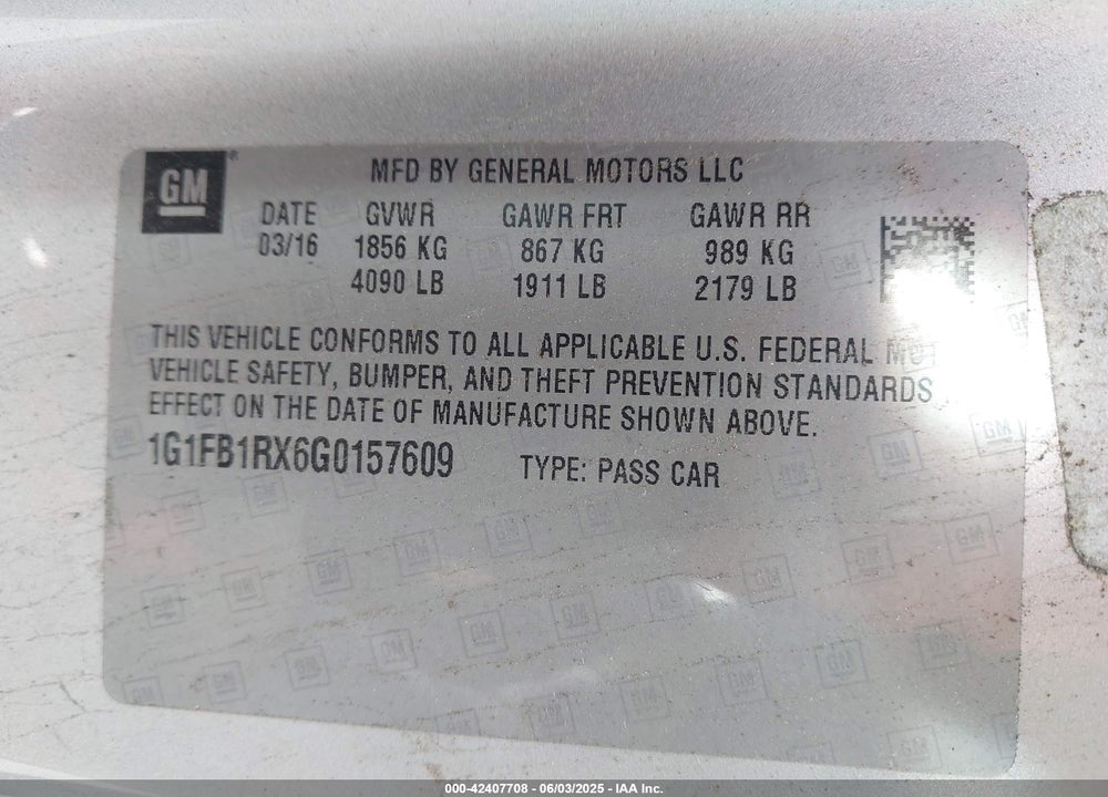 2016 CHEVROLET CAMARO VIN: 1G1FB1RX6G0157609