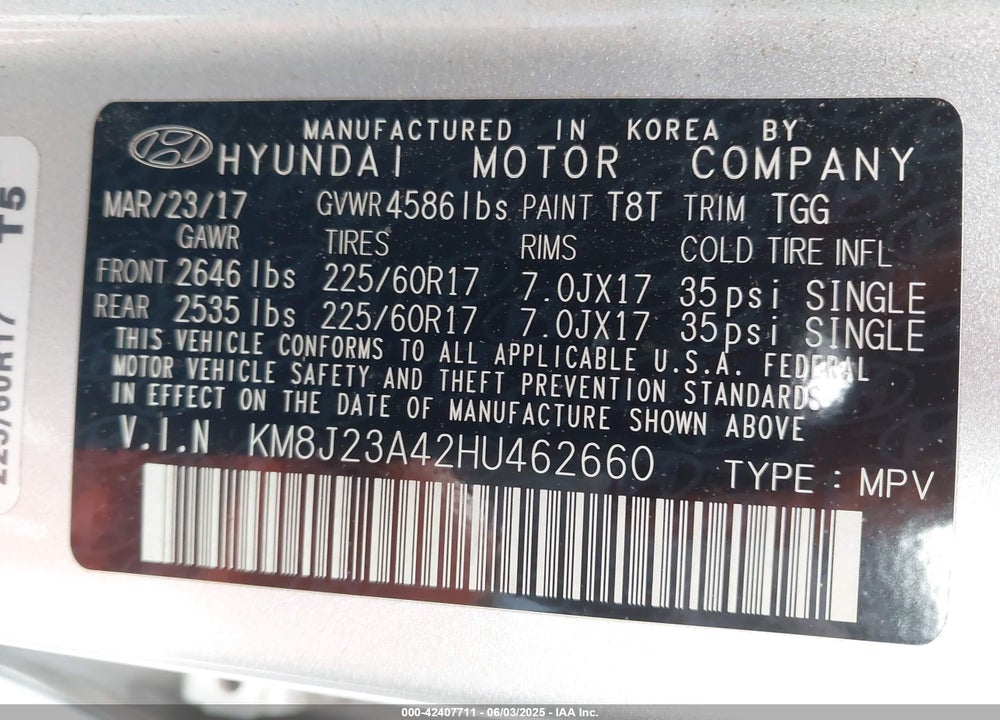 2017 HYUNDAI TUCSON SE VIN: KM8J23A42HU462660