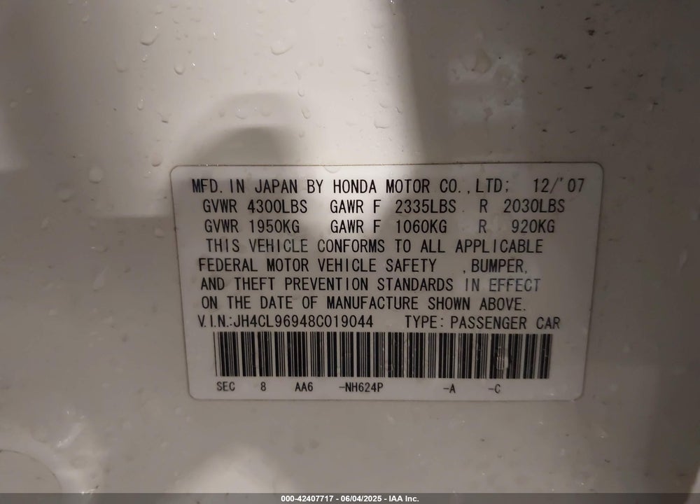 2008 ACURA TSX VIN: JH4CL96948C019044
