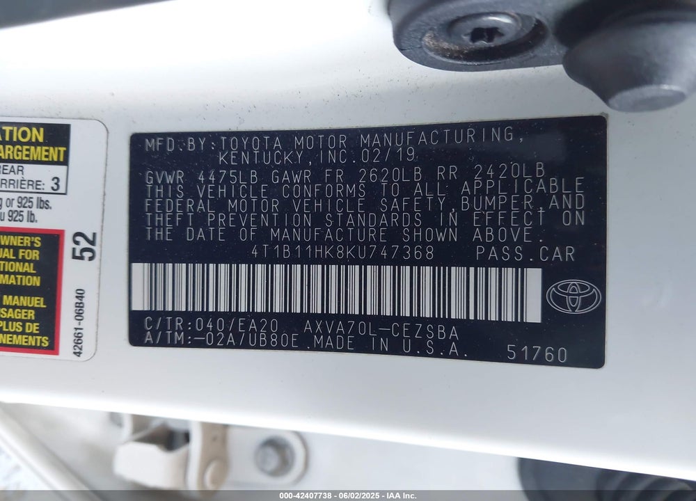 2019 TOYOTA CAMRY SE VIN: 4T1B11HK8KU747368