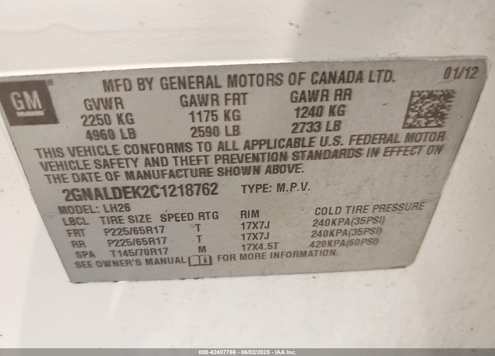 2012 CHEVROLET EQUINOX VIN: 2GNALDEK2C1218762