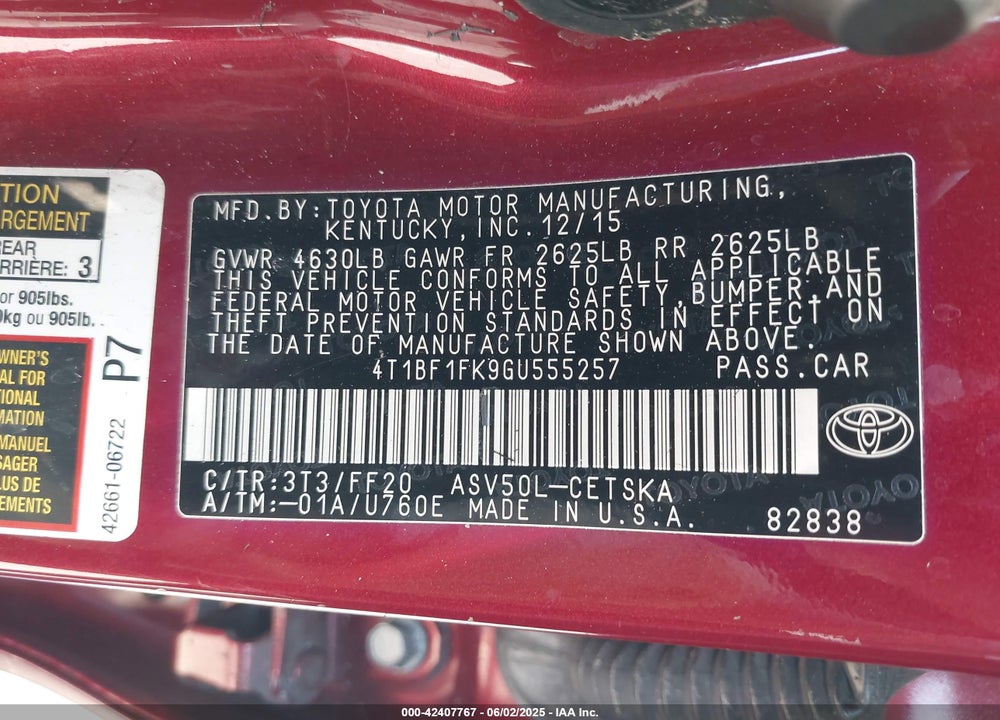 2016 TOYOTA CAMRY VIN: 4T1BF1FK9GU555257