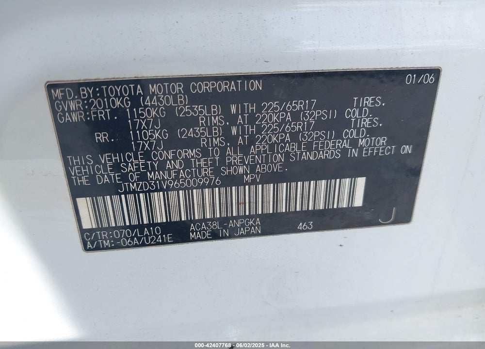2006 TOYOTA RAV4 VIN: JTMZD31V965009976