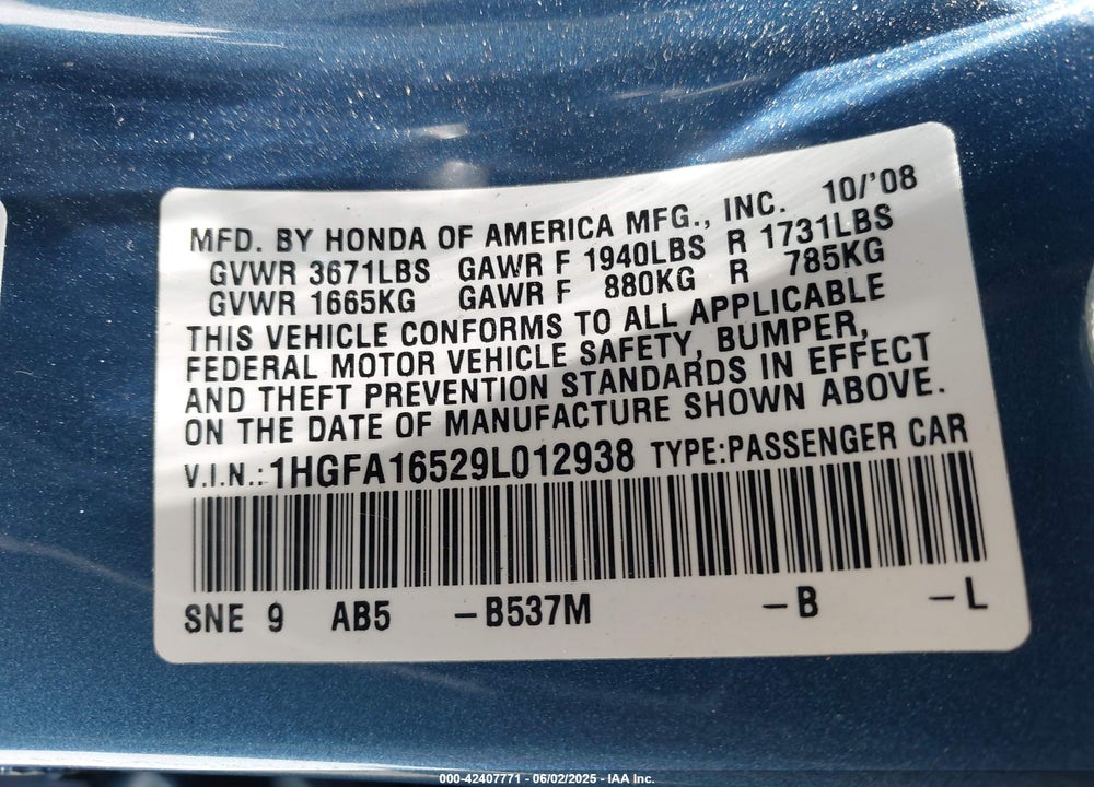 2009 HONDA CIVIC LX VIN: 1HGFA16529L012938