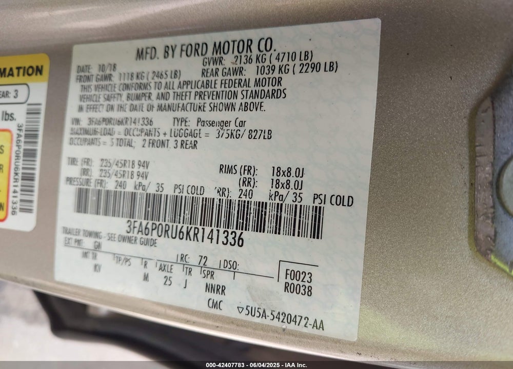 2019 FORD FUSION HYBRID VIN: 3FA6P0RU6KR141336