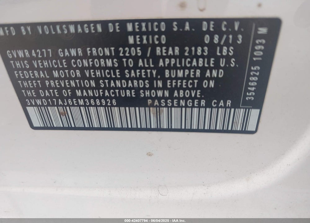 2014 VOLKSWAGEN JETTA 1.8T SE VIN: 3VWD17AJ6EM368926