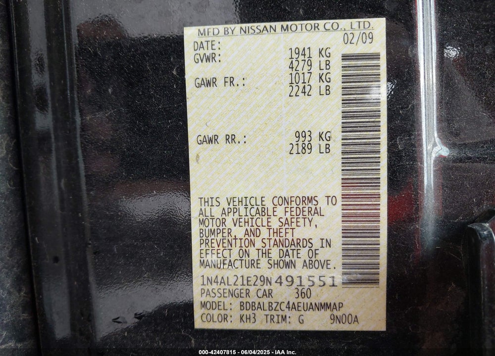 2009 NISSAN ALTIMA VIN: 1N4AL21E29N491551