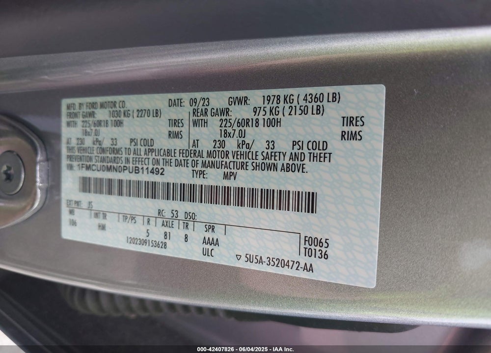 2023 FORD ESCAPE VIN: 1FMCU0MN0PUB11492