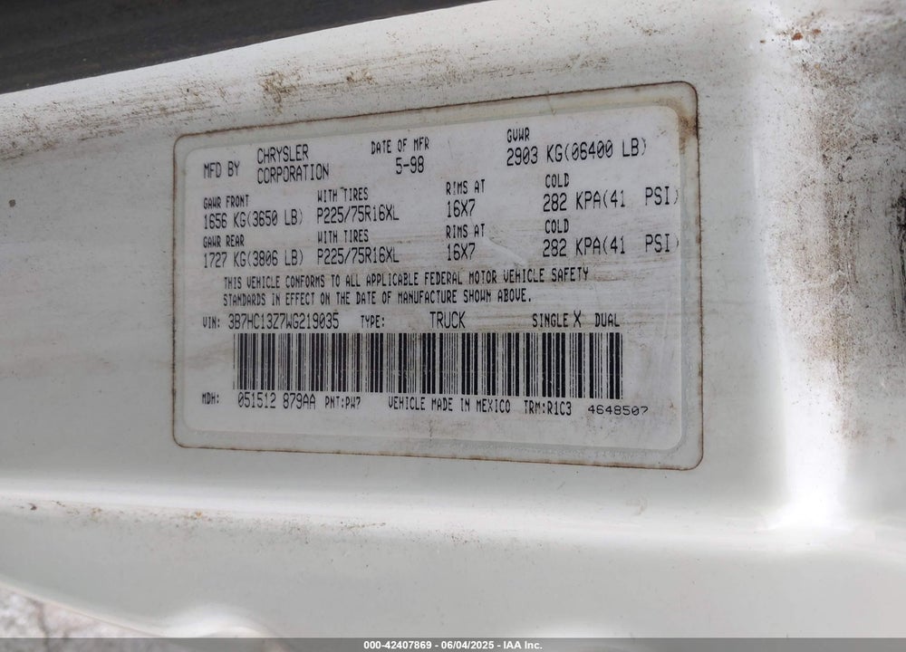 1998 DODGE RAM 1500 ST VIN: 3B7HC13Z7WG219035