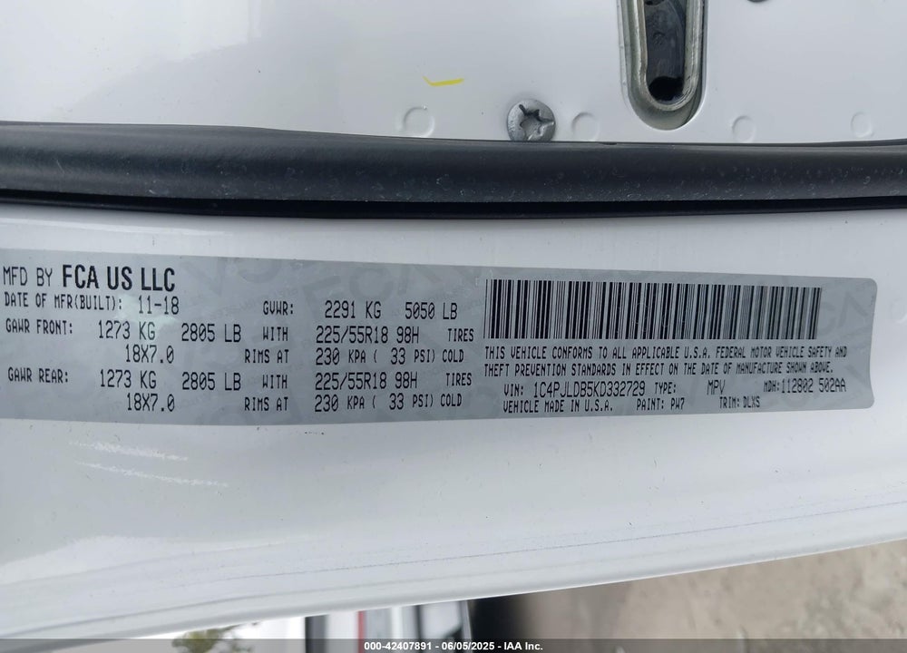 2019 JEEP CHEROKEE VIN: 1C4PJLDB5KD332729