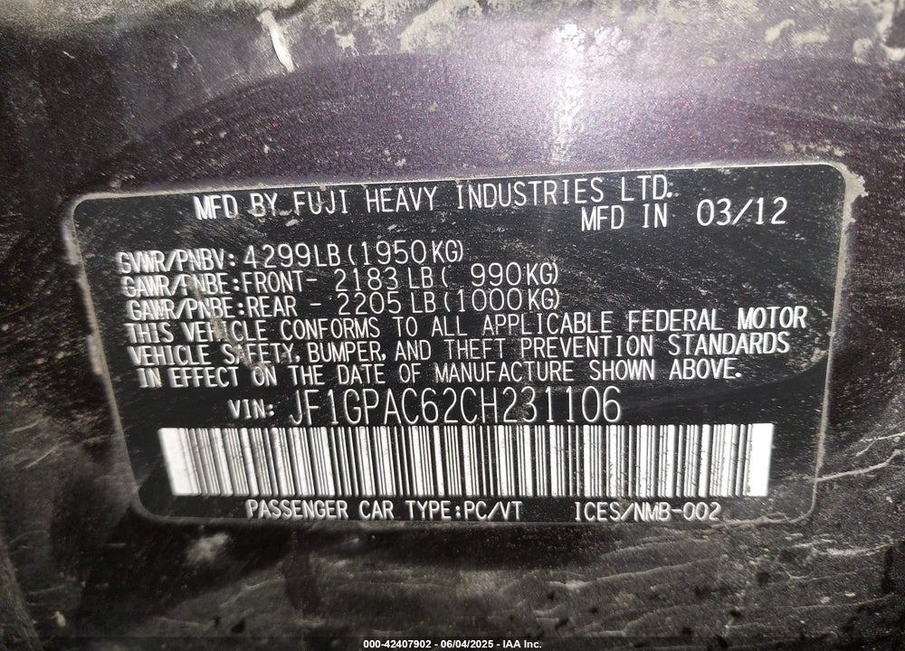 2012 SUBARU IMPREZA VIN: JF1GPAC62CH231106