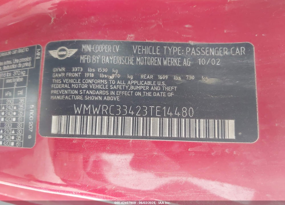 2003 MINI COOPER VIN: WMWRC33423TE14480