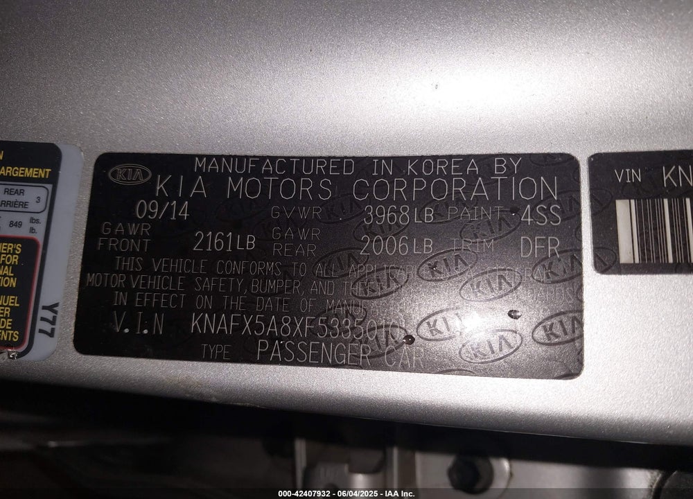2015 KIA FORTE VIN: KNAFX5A8XF5335010