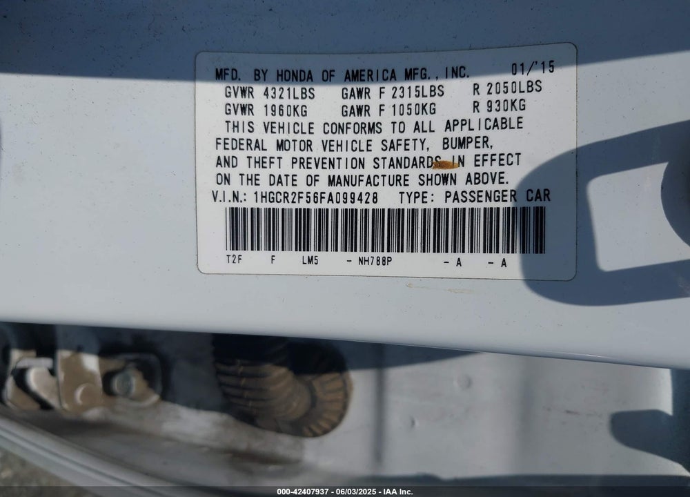 2015 HONDA ACCORD VIN: 1HGCR2F56FA099428