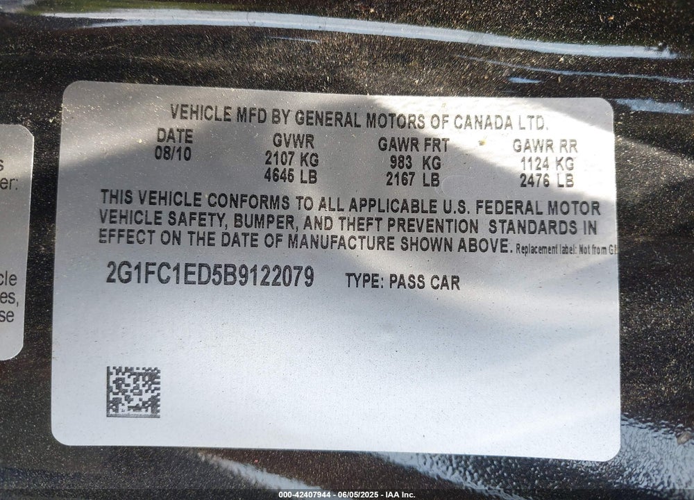2011 CHEVROLET CAMARO VIN: 2G1FC1ED5B9122079